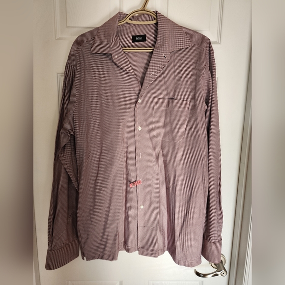 Boss Other - Boss Hugo Boss‎ Burgundy and White Check Men's Dress Shirt RN 73618 Size 42/16.5